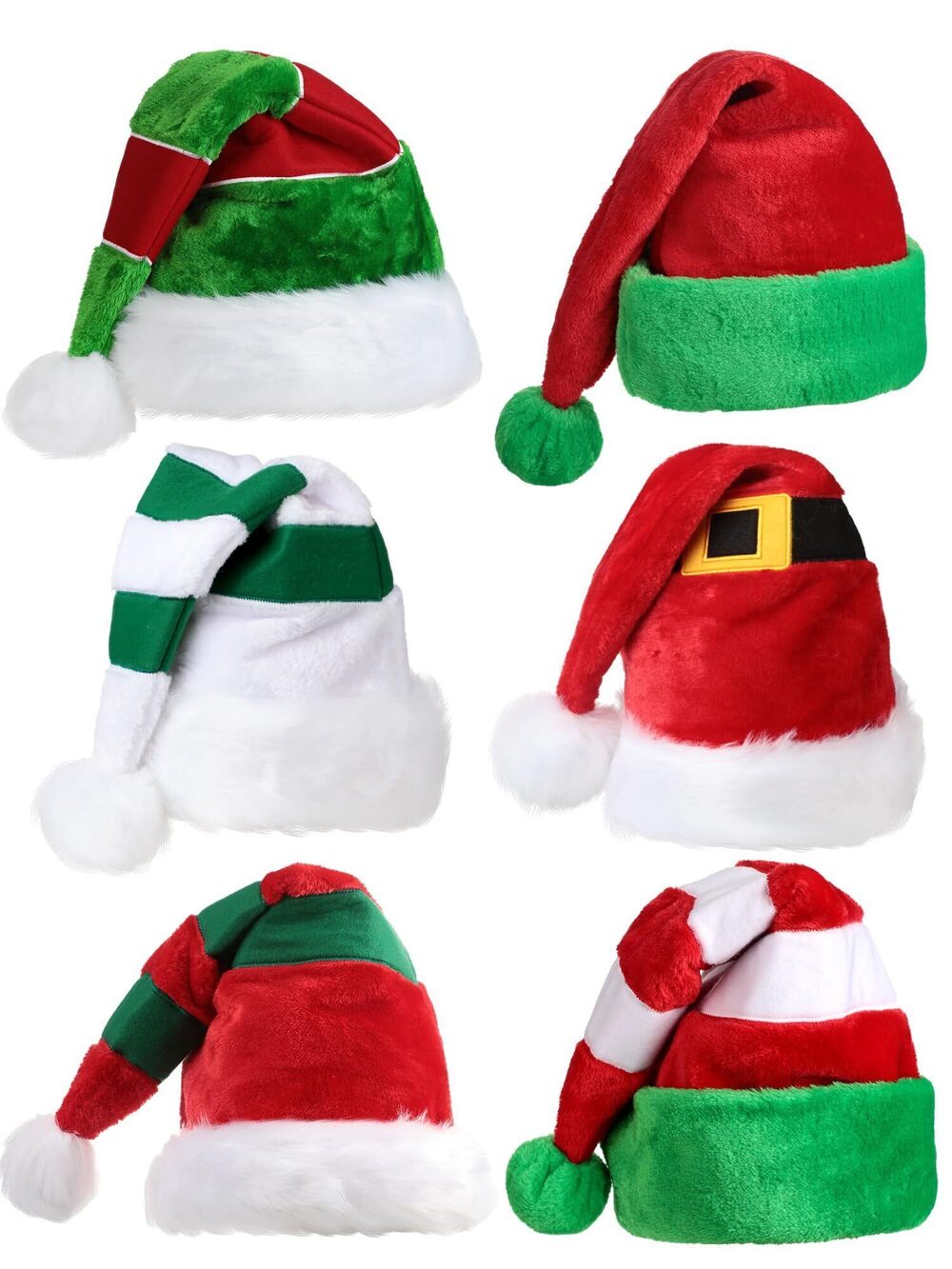 3231 6 Pcs Christmas Elf Santa Hat Adults Red and Green Santa Hats Thicken